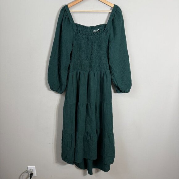 BeachLunchLounge Gauzy Smocked Cut Out Tiered Midi Dress Women's XL Green Flowy - Picture 6 of 16